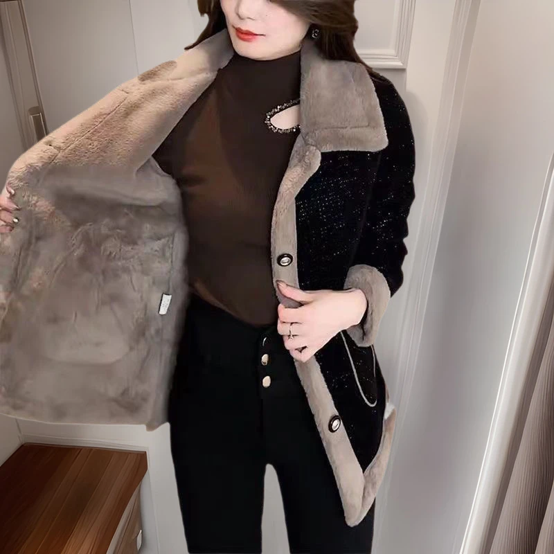 春秋冬天加绒时尚洋气毛呢妈妈外套中老年早春女超厚宽松显瘦开衫