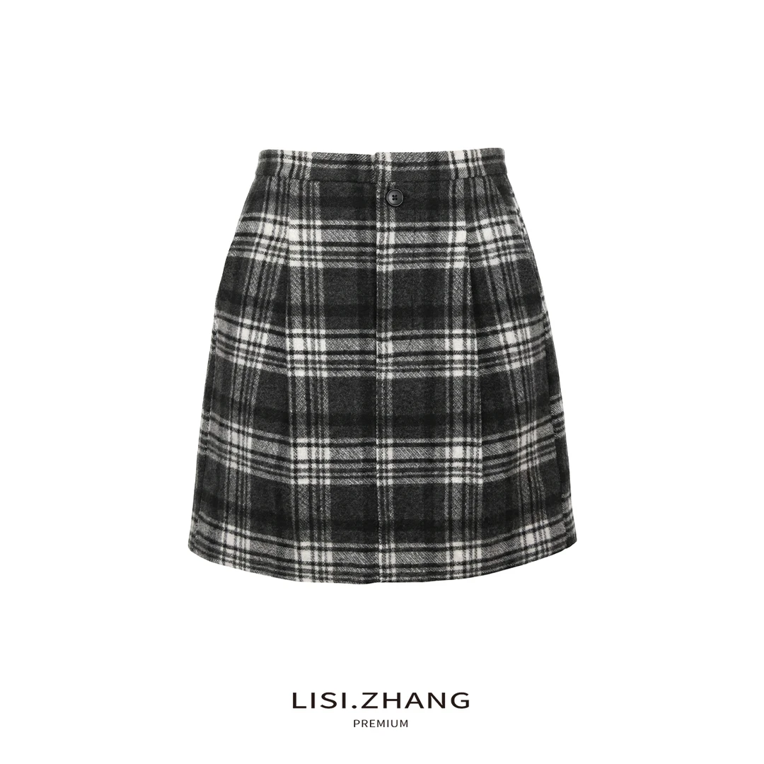 LISI.ZHANG--【毛呢格纹半身裙】高腰压褶格纹短裙时尚毛呢半裙