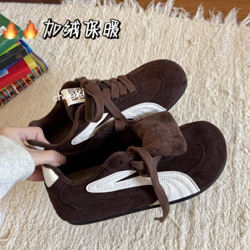 废士风棕色德训鞋女2025新款冬季加绒小众复古休闲鞋平底运动板鞋