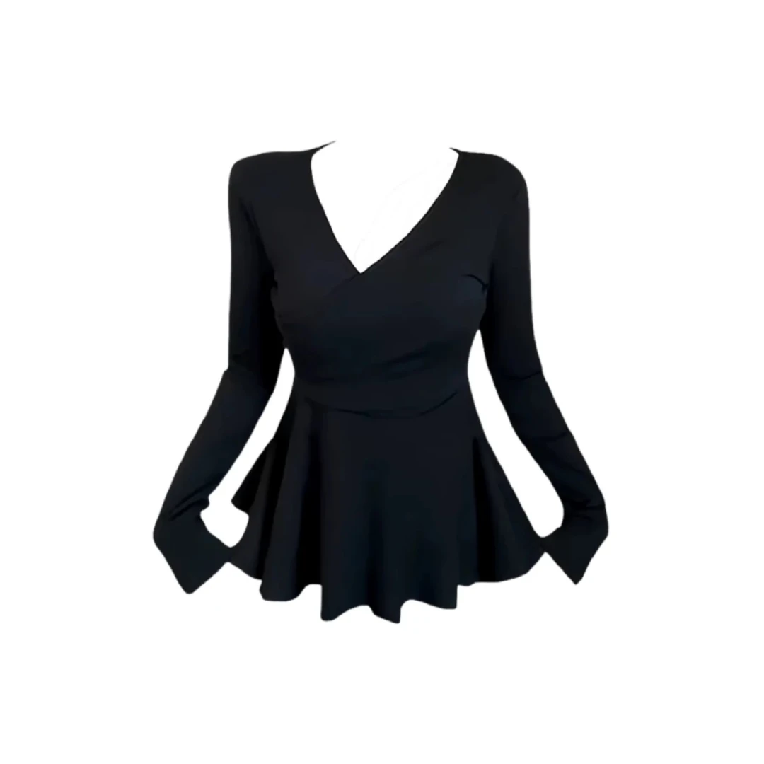 （倩倩）春季新款荷叶边收腰显瘦大码纯欲V领遮肚T恤1801