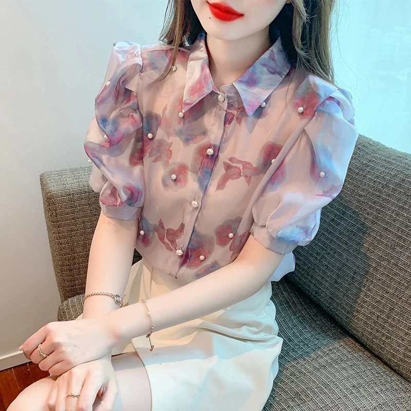 夏季泡泡袖衬衫女装2025新款设计感小众短袖碎花上衣洋气小衫