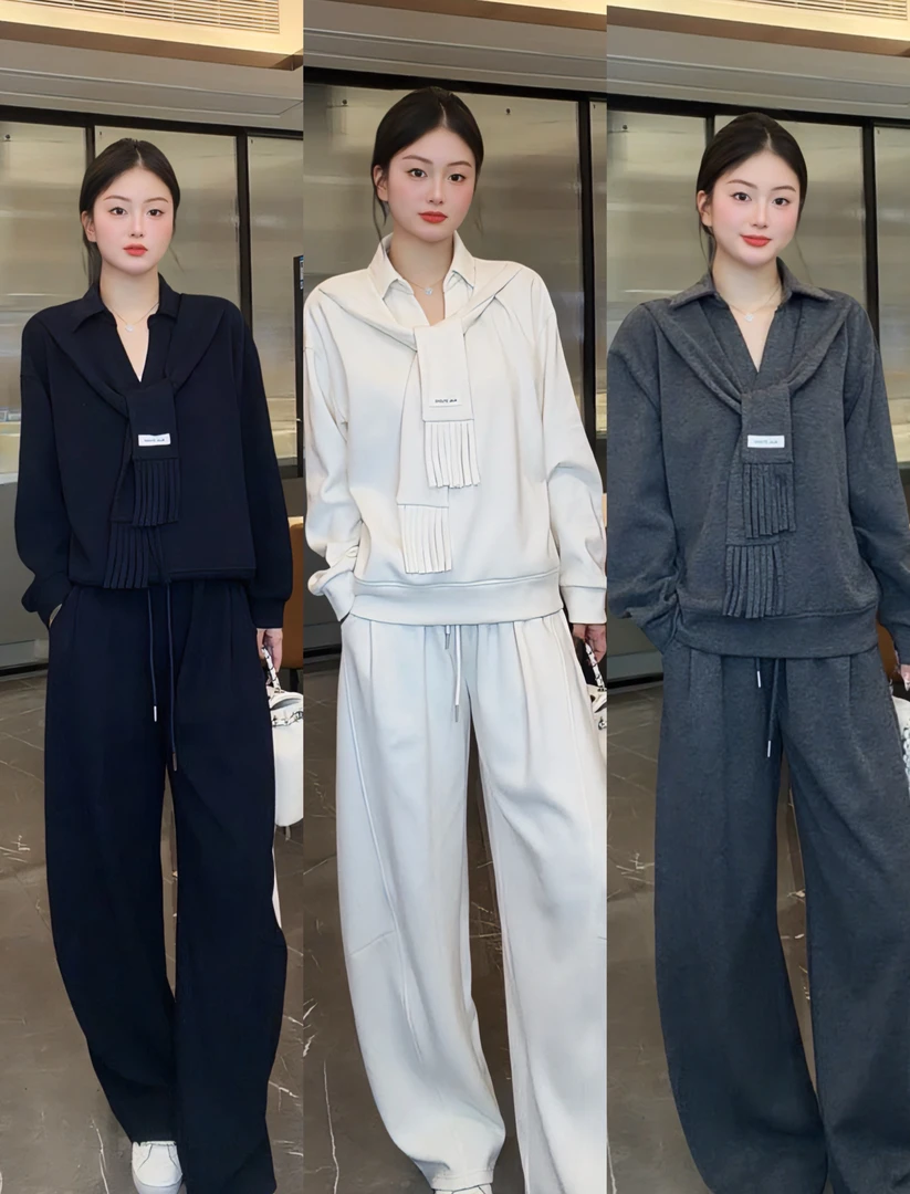 冬季新款2025气质减龄时尚套装休闲运动风围巾卫衣显瘦宽松两件套
