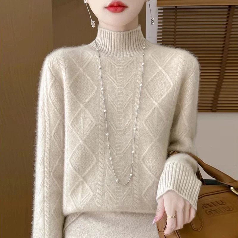 重磅加厚羊绒衫女100%纯羊绒半高领宽松保暖打底衫纯色秋冬毛衣