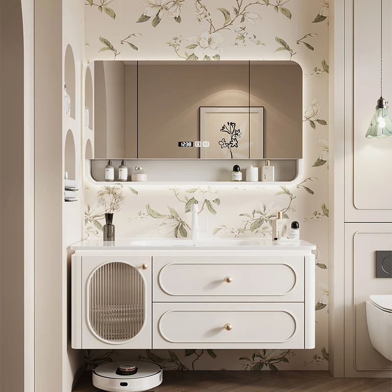 高端法式奶油风橡木烤漆陶瓷一体盆智能组合卫生间洗脸洗手浴室柜