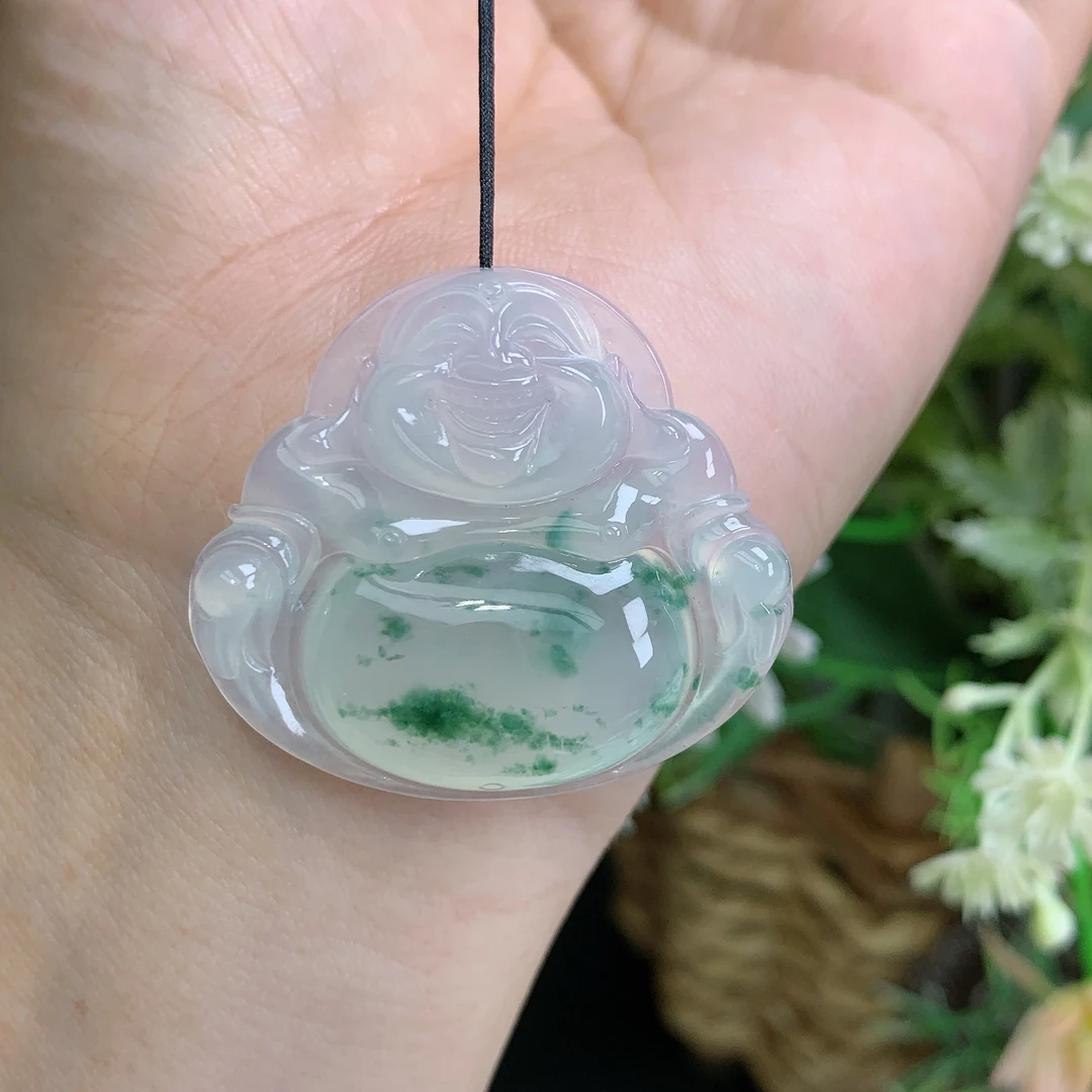 缅甸天然翡翠A货高冰起胶飘花佛公吊坠大尺寸32×35.7×6.4
