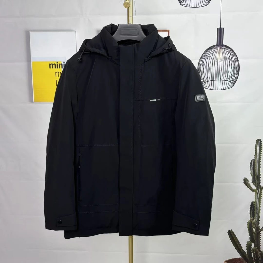 品牌剪标撤柜男士连帽款羽绒服商务休闲黑色中款可脱卸羽绒服男