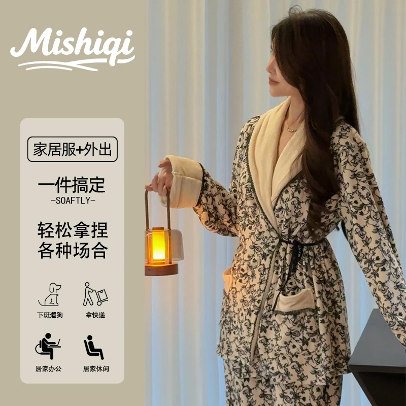 秋冬季海岛绒保暖加厚睡袍长裤女显瘦可外穿高级感国风满印两件套