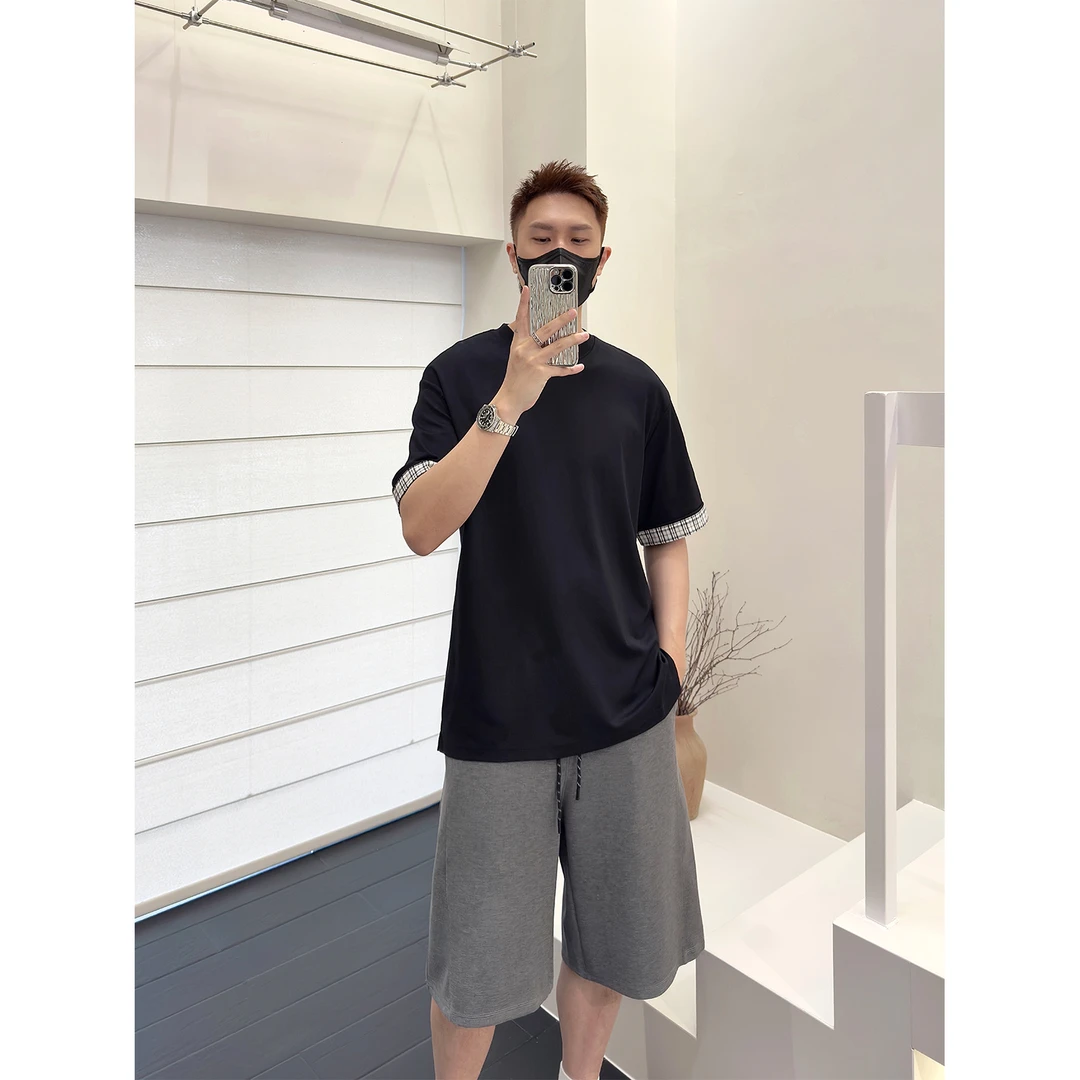 里奈男装2025夏季新款时尚短宽港风格子翻边设计款短袖T恤痞帅潮