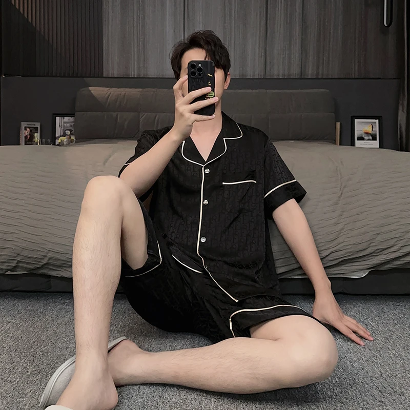 轻奢字母男士睡衣夏季薄款冰丝短袖短裤可外穿夏天家居服休闲套装