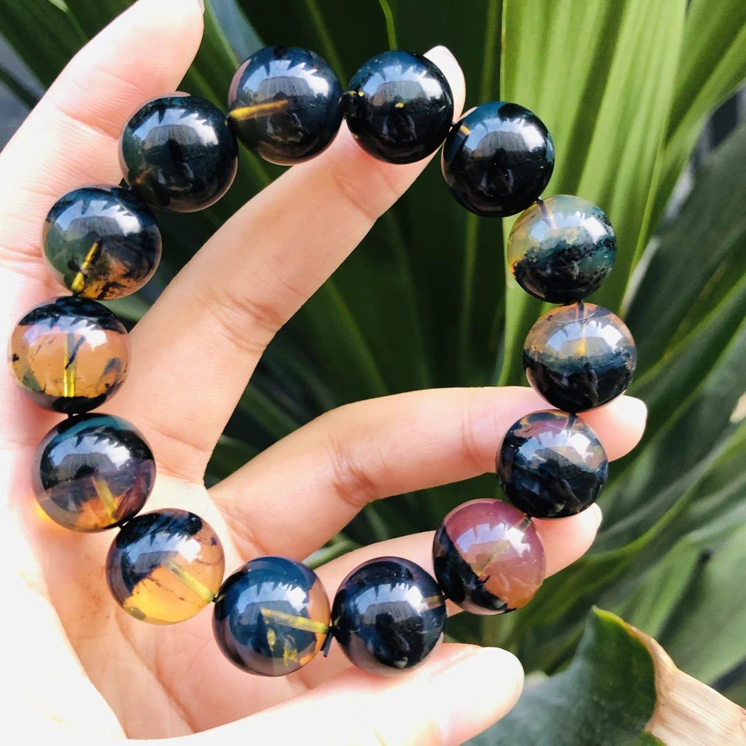 收藏级星际蓝一线天聚宝盆15+溶洞琥珀手串稀有珍品