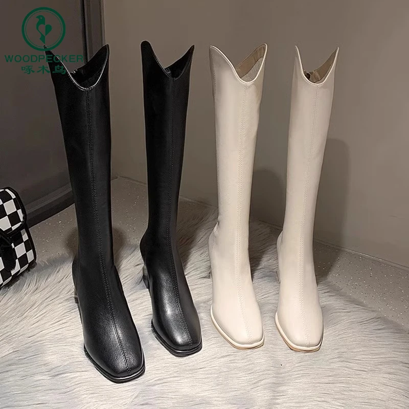 啄木鸟2024秋冬长靴女不过膝粗跟方头高筒骑士靴时尚高跟瘦瘦靴子