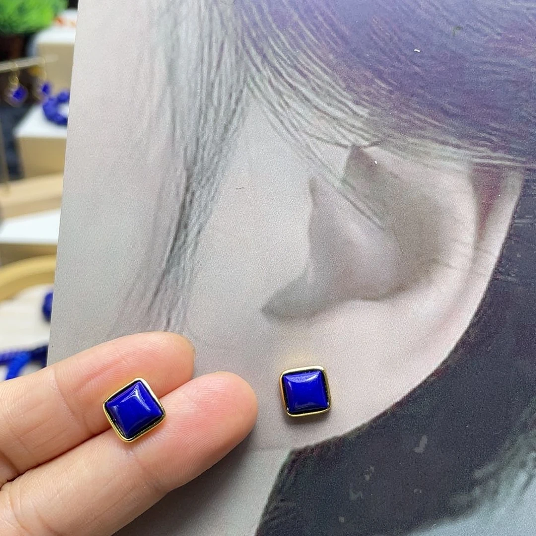 青金石银S925镀金镶嵌耳钉