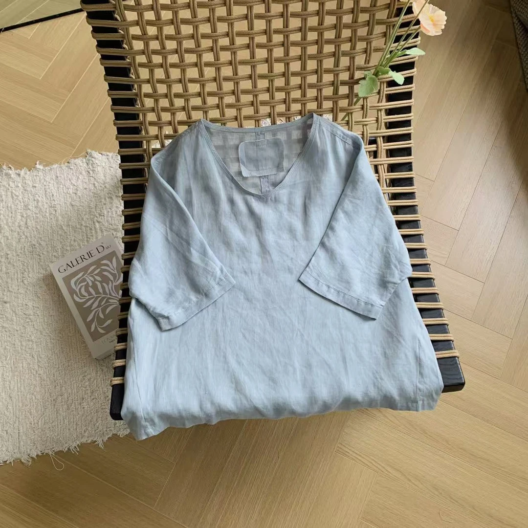 素心轻奢 2025夏季新款100%汉麻文艺复古V领短袖宽松纯色显瘦上衣