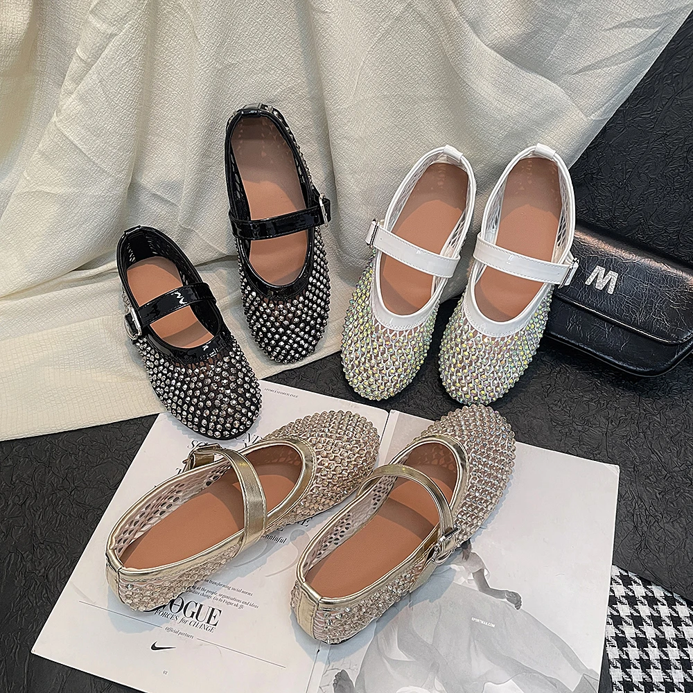 【杨杨粉丝专属】9145-1网眼透气女鞋芭蕾鞋闪钻一字扣平底单鞋