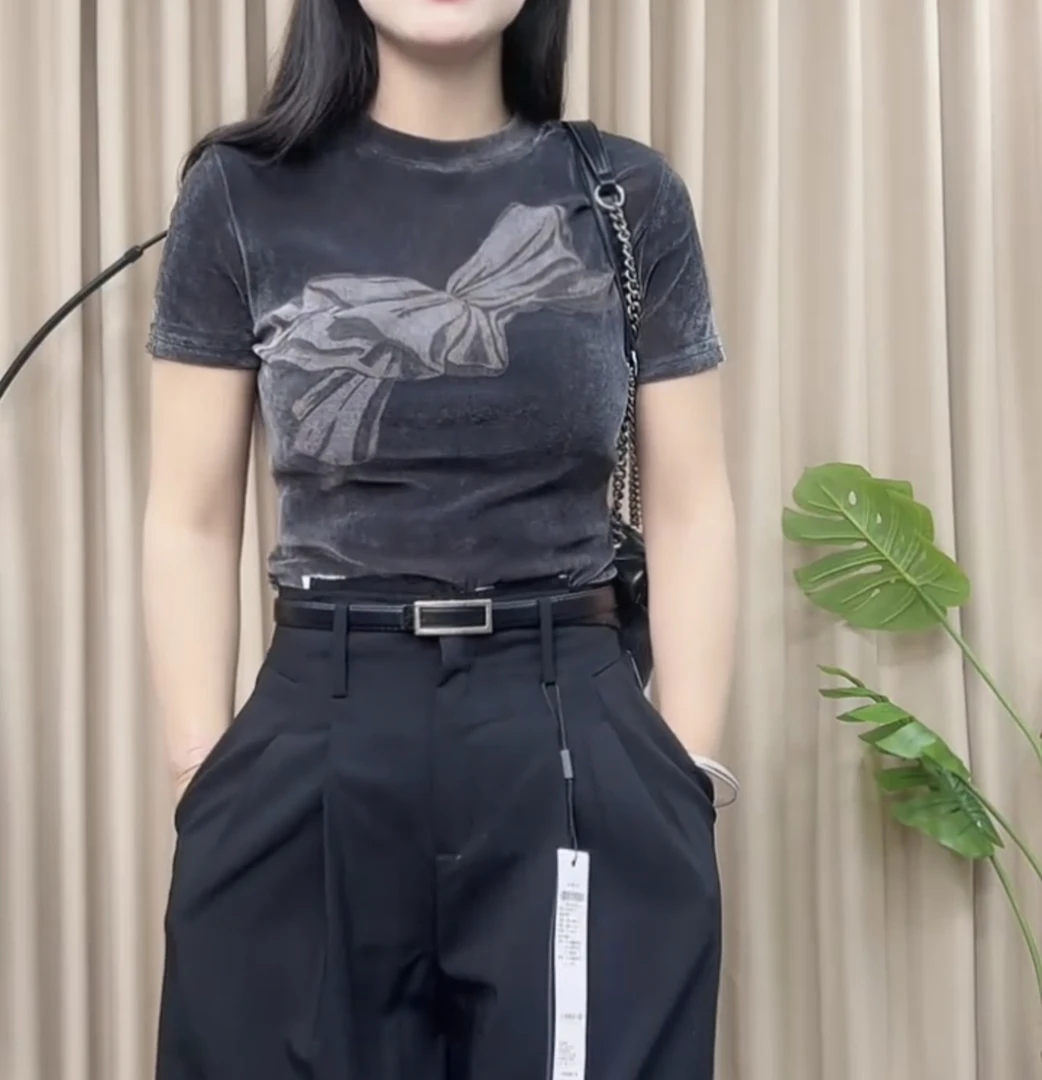 艾诺丝2025新款时尚短袖显瘦百搭植绒T恤613015