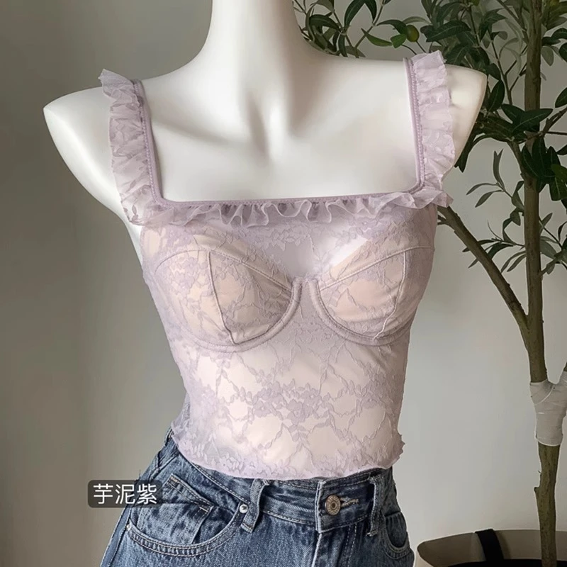 蕾丝纯欲法式内衣女大胸显小软钢圈蕾丝性感内搭外穿小背心