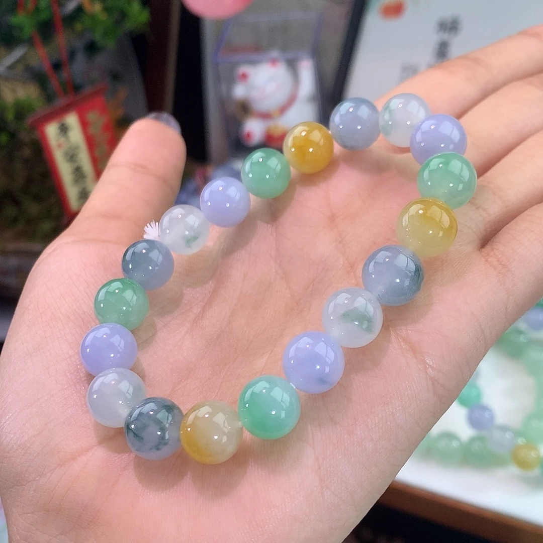 翡翠未镶嵌手链冰飘花多宝手串