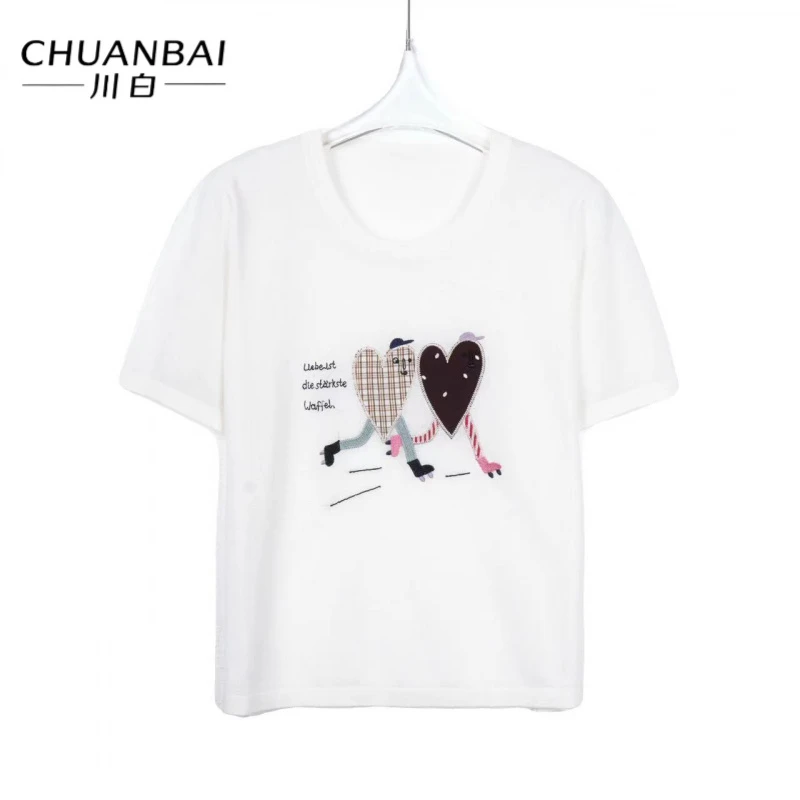 CHUANBAI 川白夏季再生纤维圆领爱心刺绣时尚针织短袖