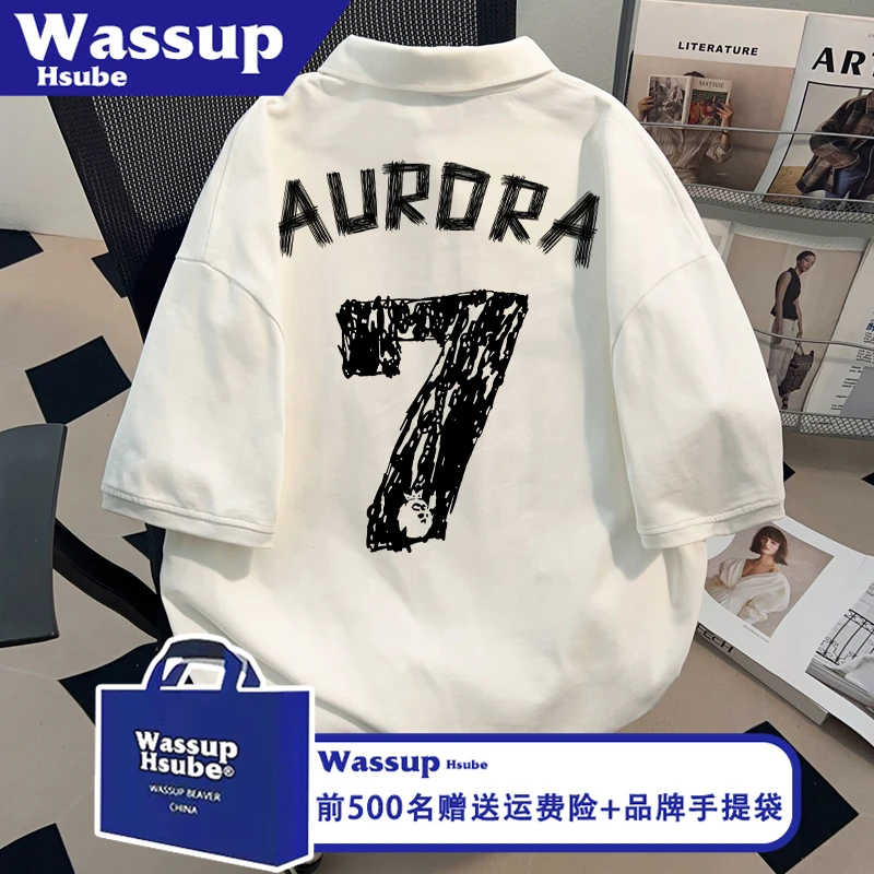 WASSUP HSUBE休闲纯棉男女同款上衣夏季T恤ins潮酷印花白色POLO衫
