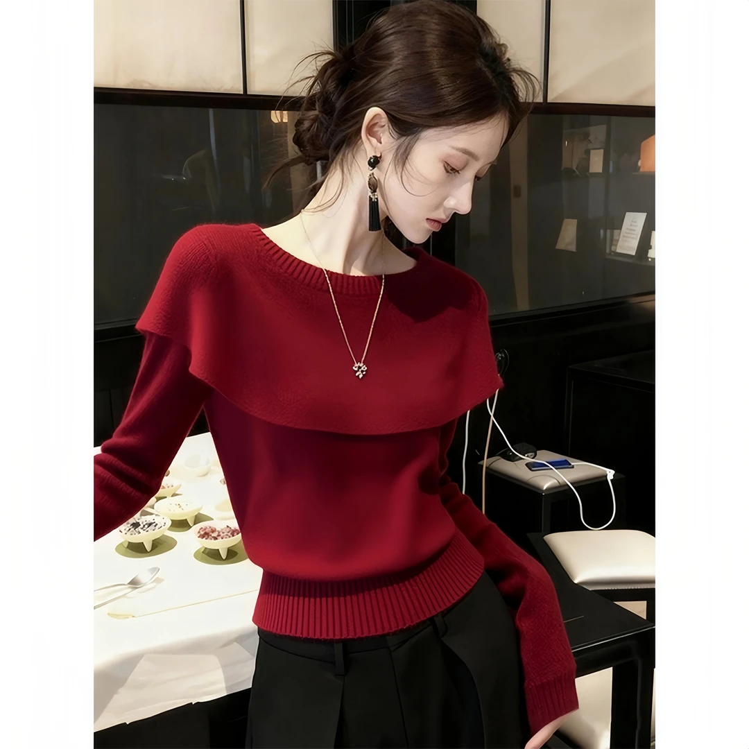 法式高级感圆领斗篷洋气针织衫打底女2025冬季新款修身显瘦上衣