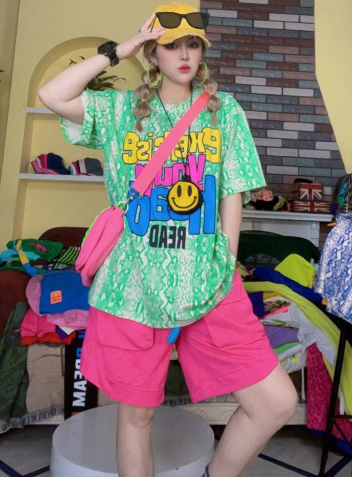 夏季韩版青花瓷色彩色字母薄款休闲大版圆领T恤