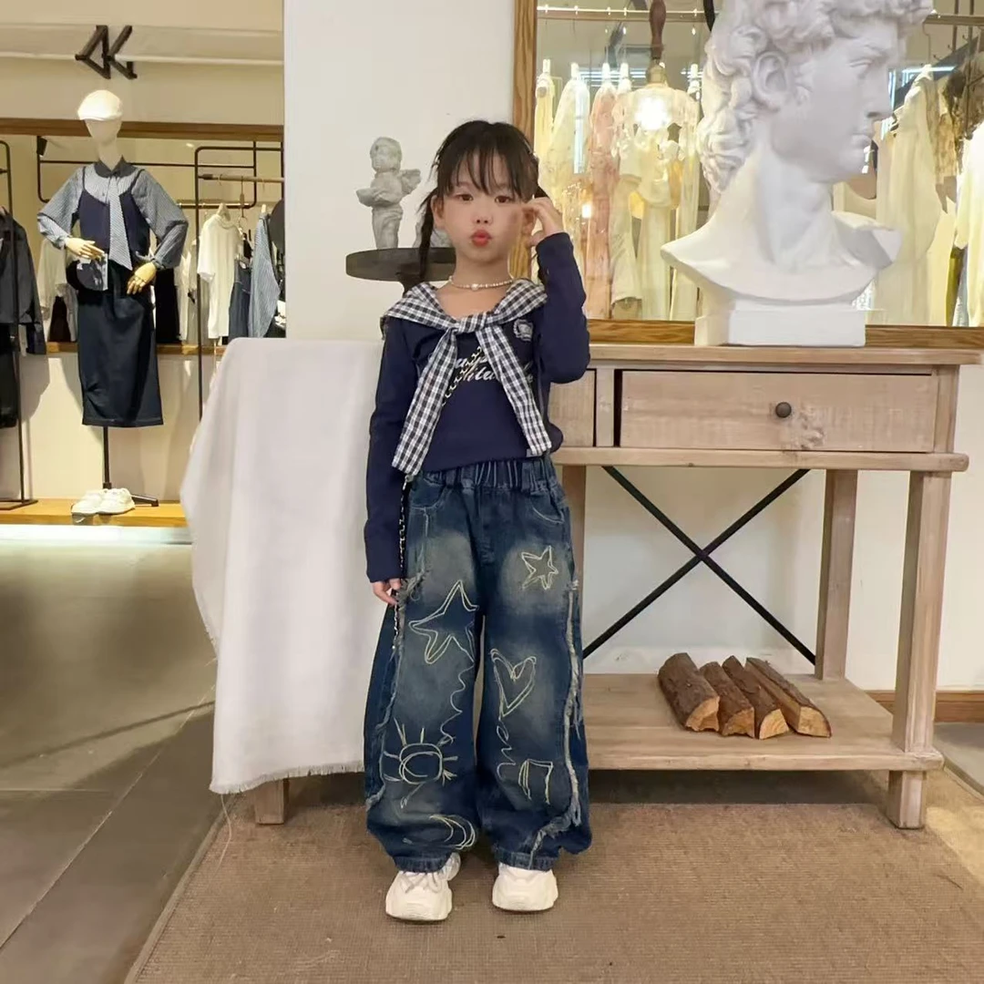 女童2025春秋新款宽松刺绣毛边牛仔裤甜酷洋气休闲披肩上衣潮套装