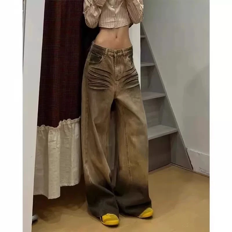 秋冬季直筒型春季女阔腿裤小众做旧水洗牛仔裤百搭