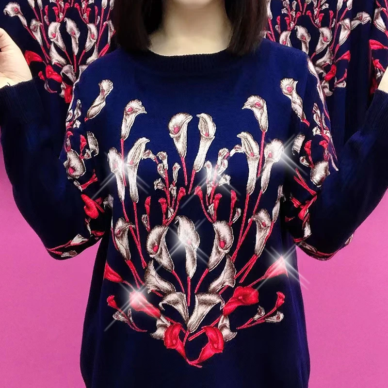 双面德绒时尚妈妈装民族风印花上衣宽松显瘦遮肚红色长袖打底衫女