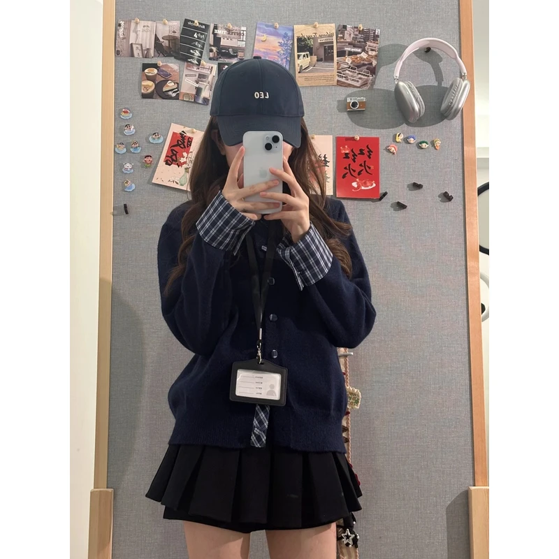 格子假两件秋冬韩版撞色拼接毛针织开衫设计感小众圆领上衣