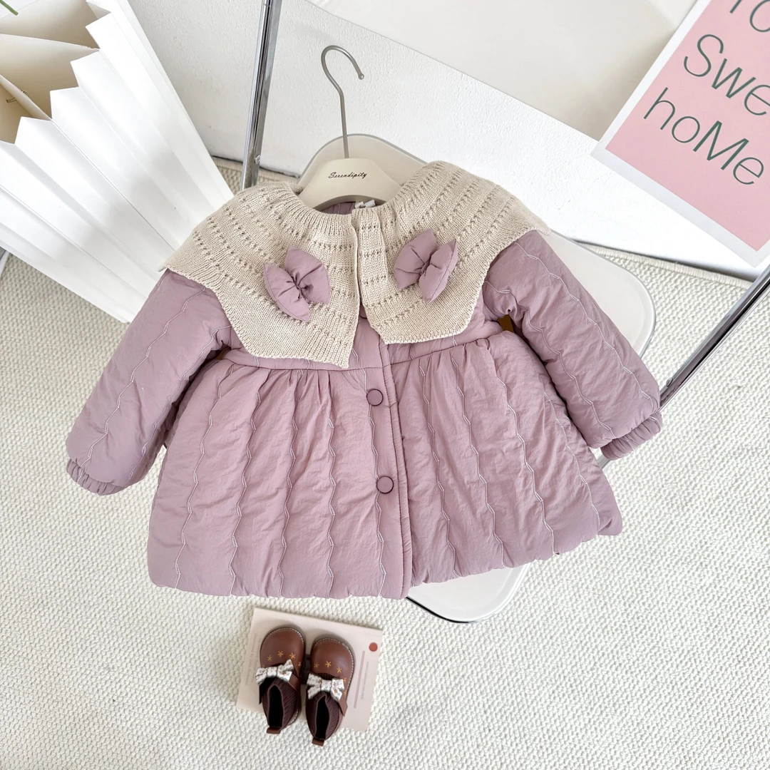 童装女童2025新款冬装女宝宝加厚棉衣外套小童韩版蝴蝶结上衣2524