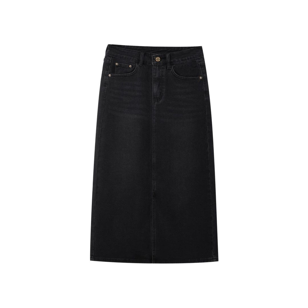 黑色半身裙重工洗水a字裙高腰前开叉牛仔裙女夏-7813