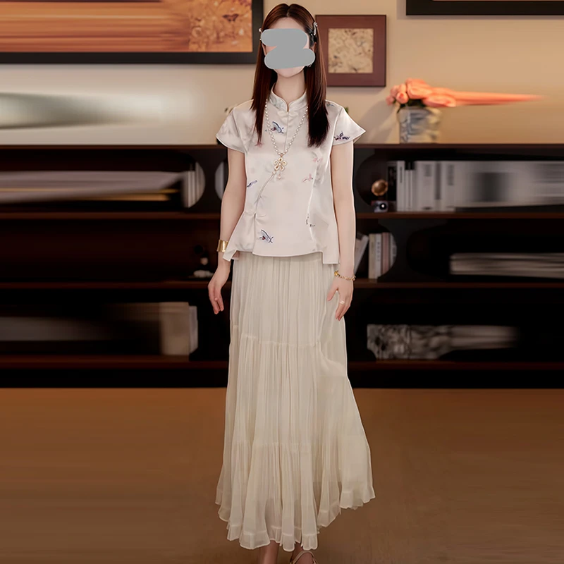 休闲中式国风套装女2025年夏季新款气质显瘦立领短袖半身裙两件套