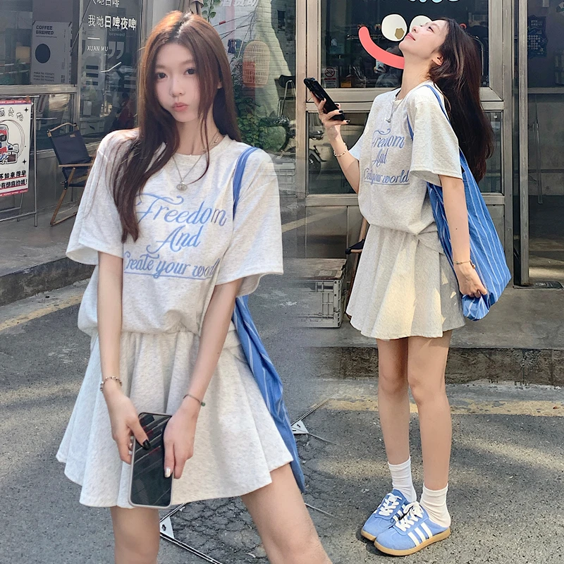孕妇装~大码微胖设计感刺绣字母短袖T恤高腰a字半身短裙夏时尚套