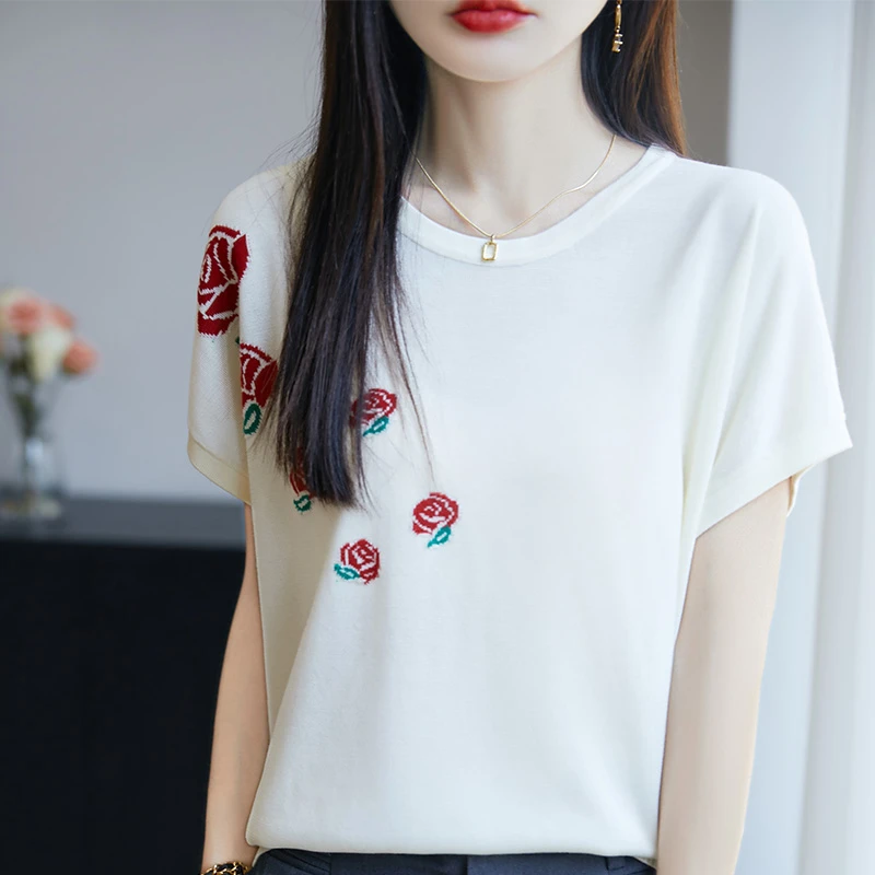 哥弟阿玛施正品短袖T恤夏季圆领百搭休闲绣花时尚设计感针织衫女