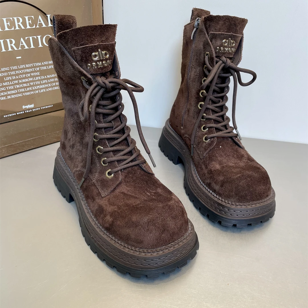 欧洲站欧货潮系带大头粗跟马丁靴女2025新款复古擦色磨砂牛皮短靴