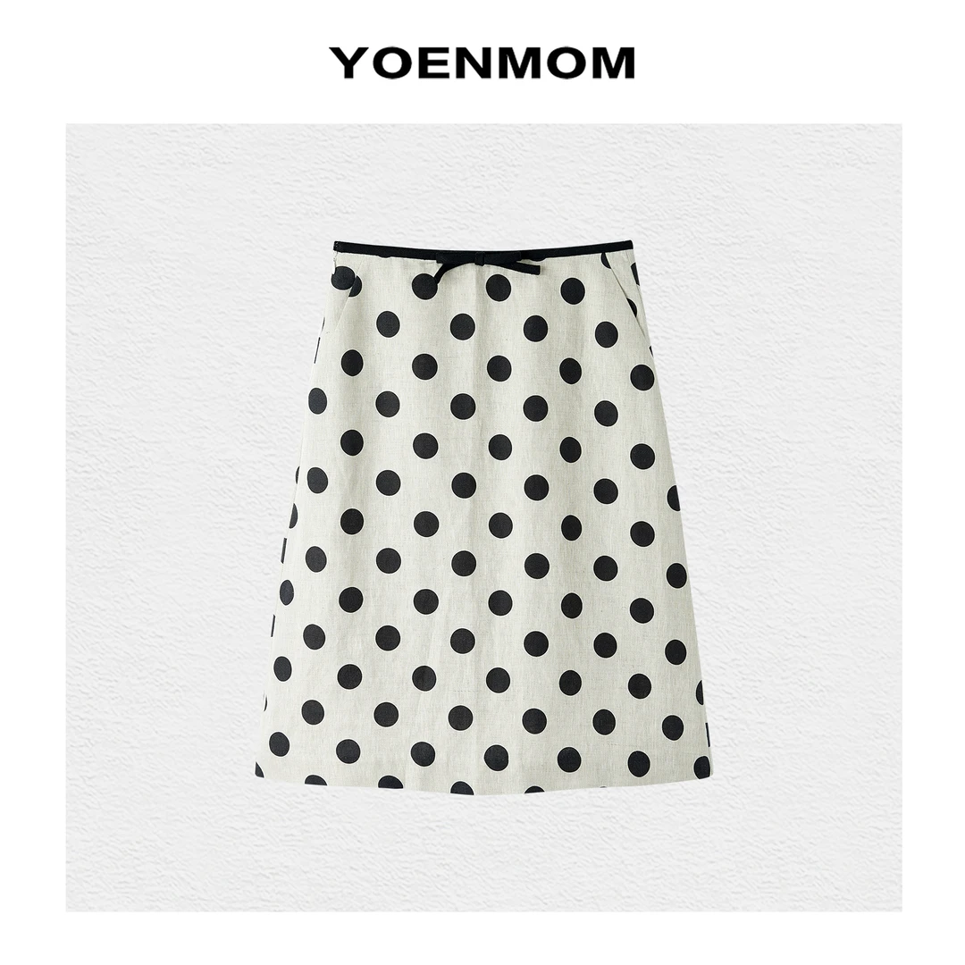 YOENMOM·赫本波点·100亚麻斜纹自然肌理复古优雅俏皮减龄半身裙