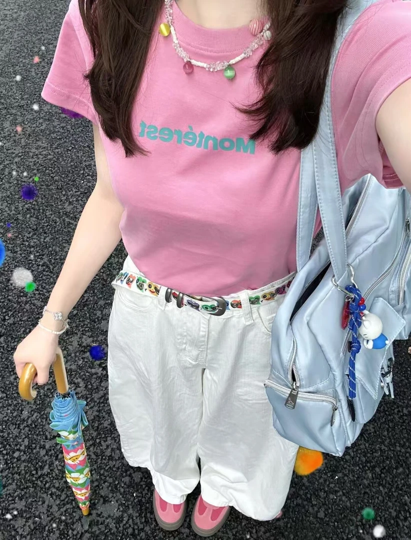 2025夏季新款复古粉色字母印花短袖T恤修身显瘦休闲百搭阔腿裤