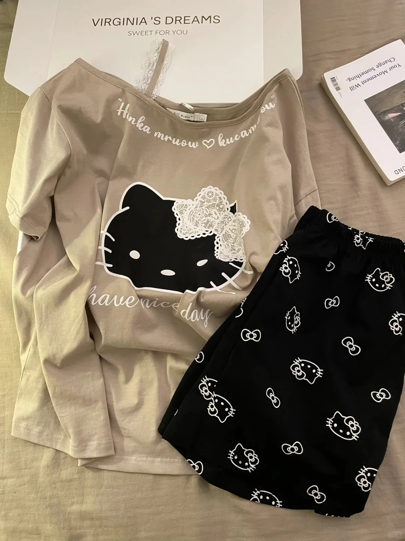 【蝴蝶结kitty】纯欲风显瘦露肩短袖睡衣女夏季新款套装大码家居服