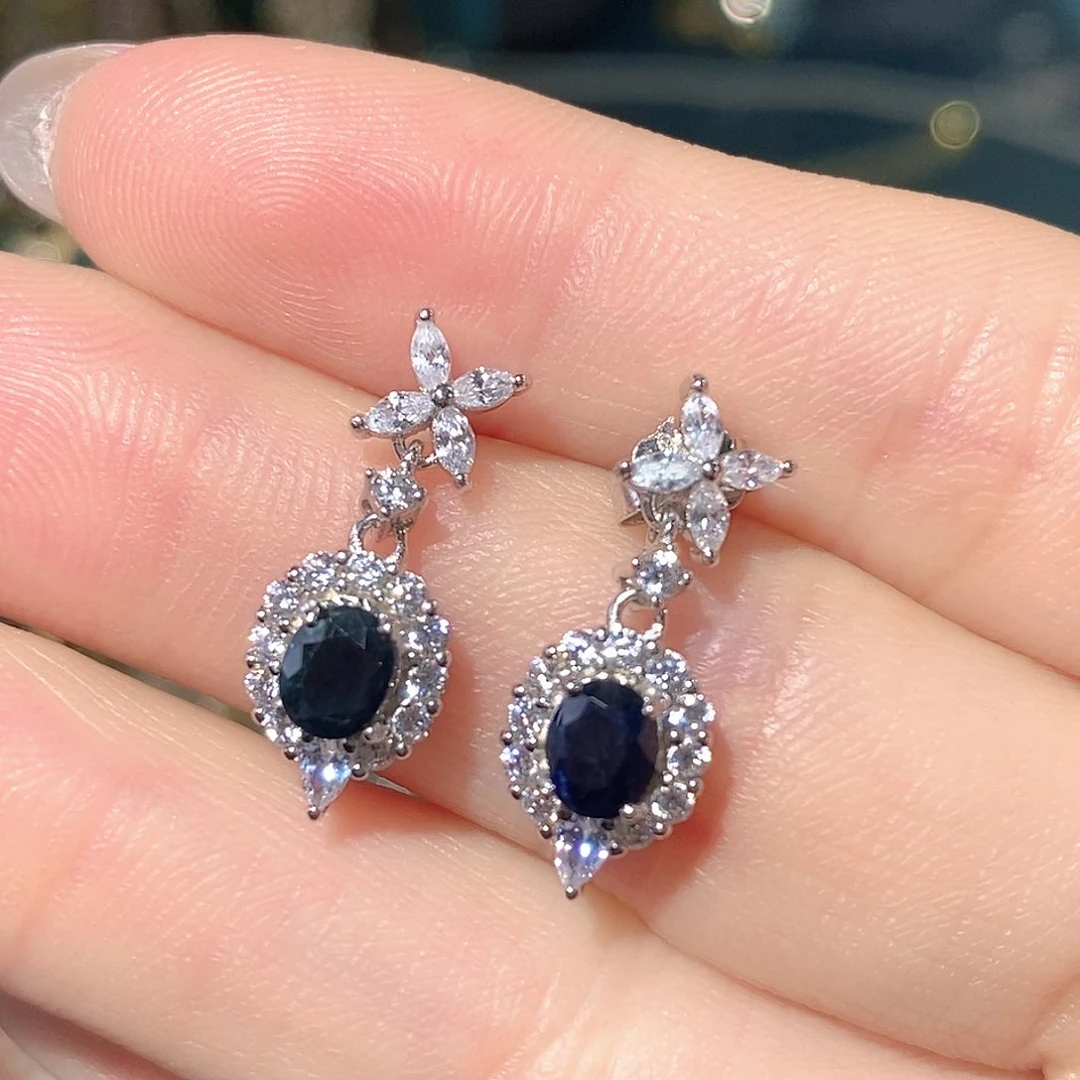 耳饰蓝宝石银S925镶嵌天然蓝宝石