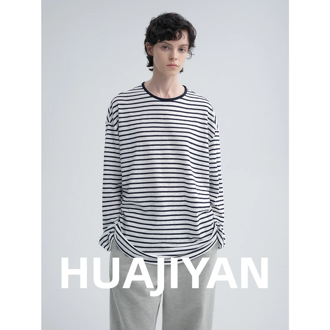 华吉言/HUAJIYAN【手风琴】经典撞色条纹百搭圆领长袖上衣