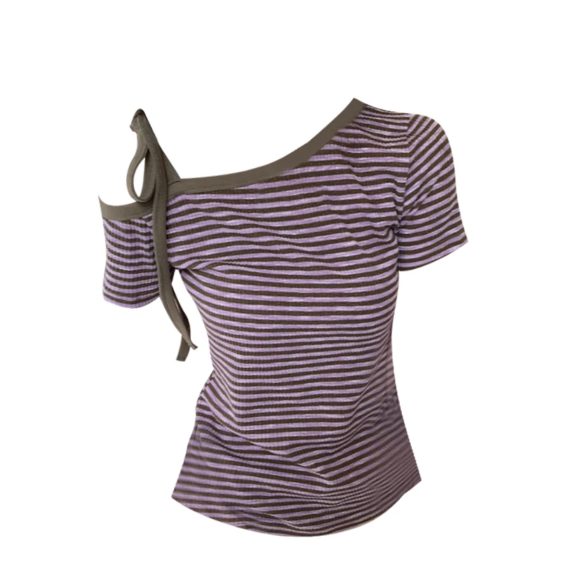 紫色条纹斜肩短袖t恤女2025年夏季修身绑带设计露肩撞色辣妹上衣