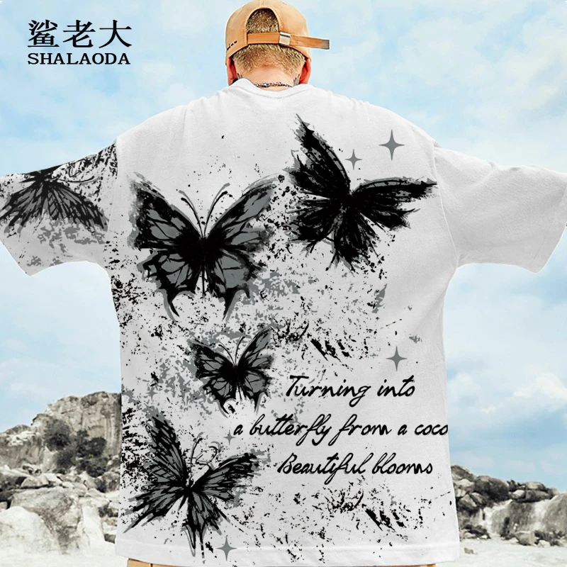 时尚感小众蝴蝶印花短袖T恤男夏季薄款大码落肩半袖百搭复古体恤