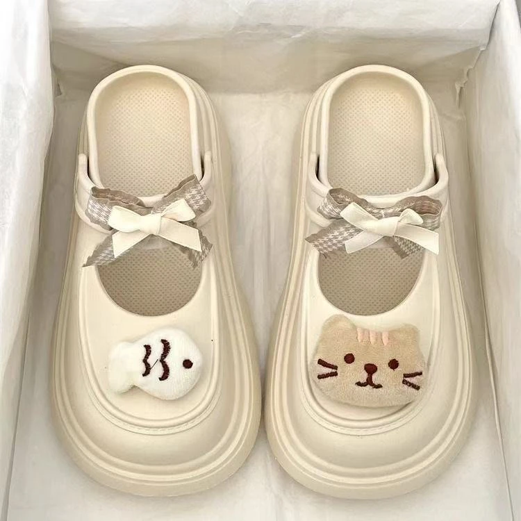 EVA夏季卡通小鱼可爱洞洞鞋女2025年蝴蝶结厚底防水踩屎感半拖鞋