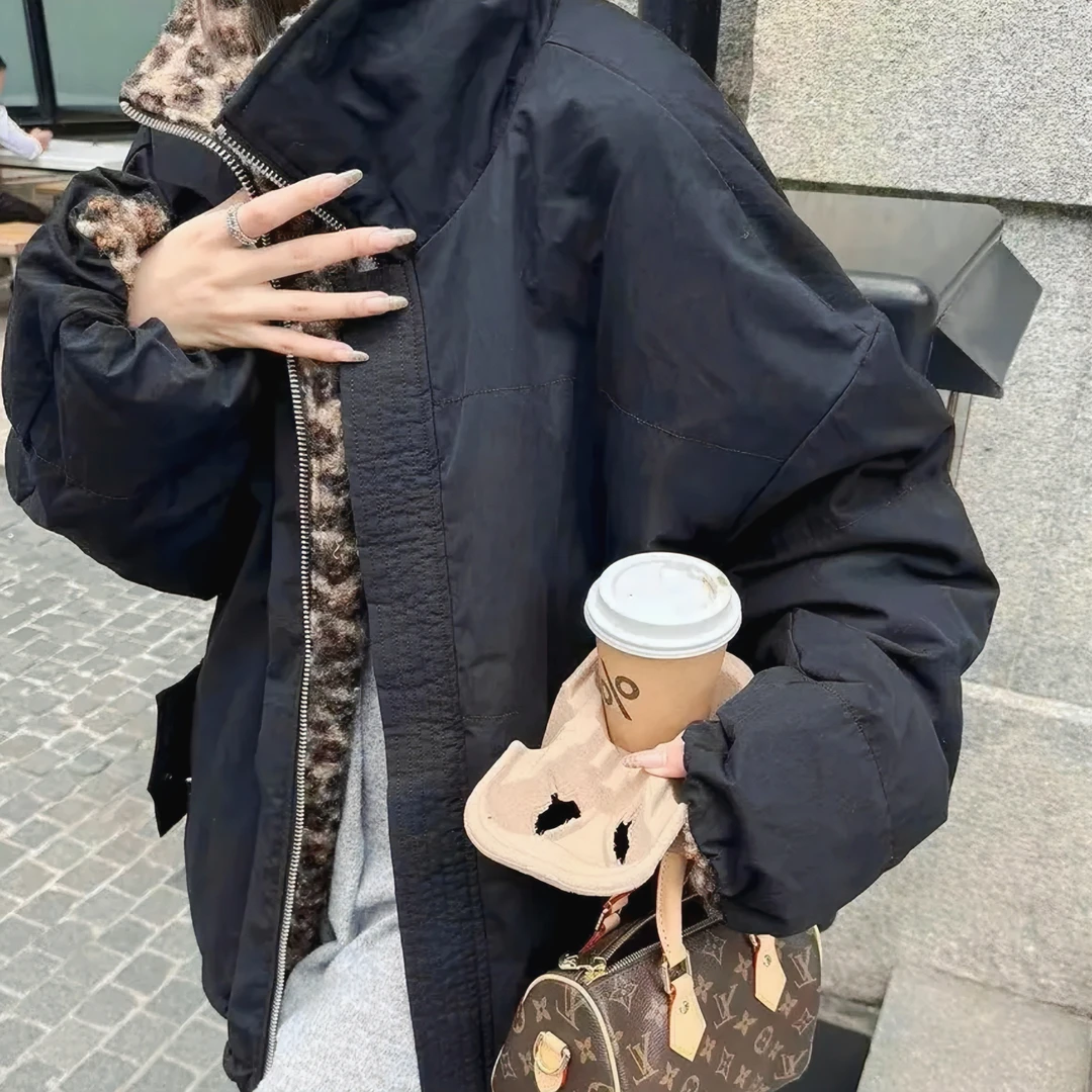 大码胖MM翻领拉链豹纹两面穿棉服加肥冬季款宽松百搭保暖外套