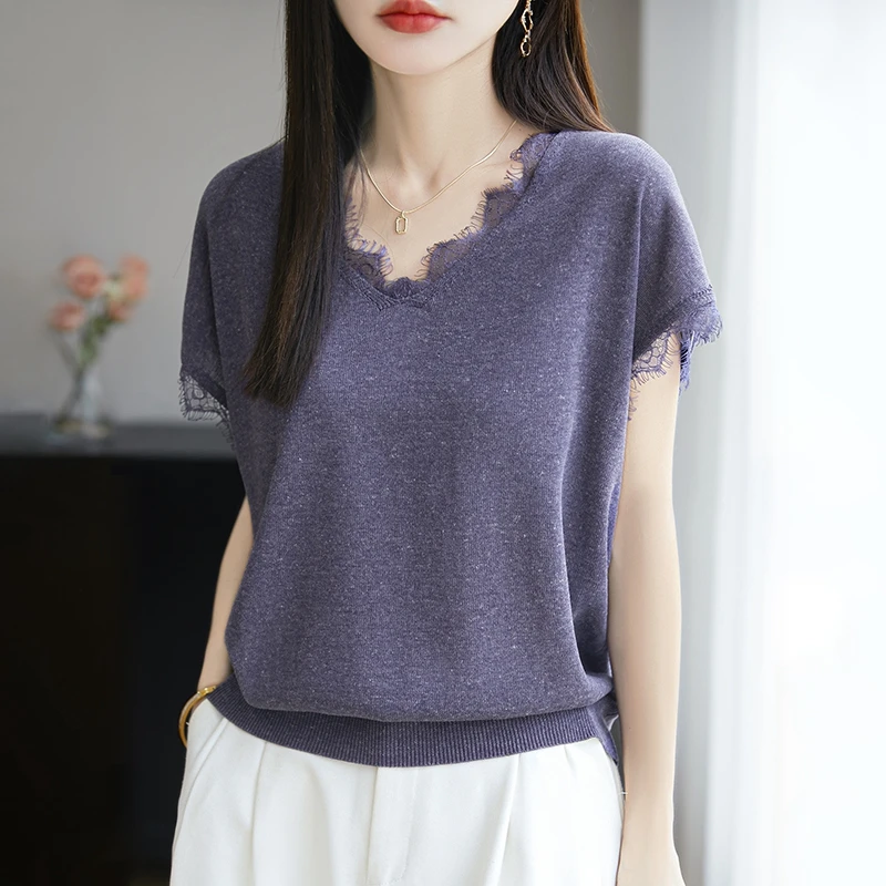 夏新款蕾丝花边v领大码套头短袖衫女设计感时尚百搭洋气薄款上衣
