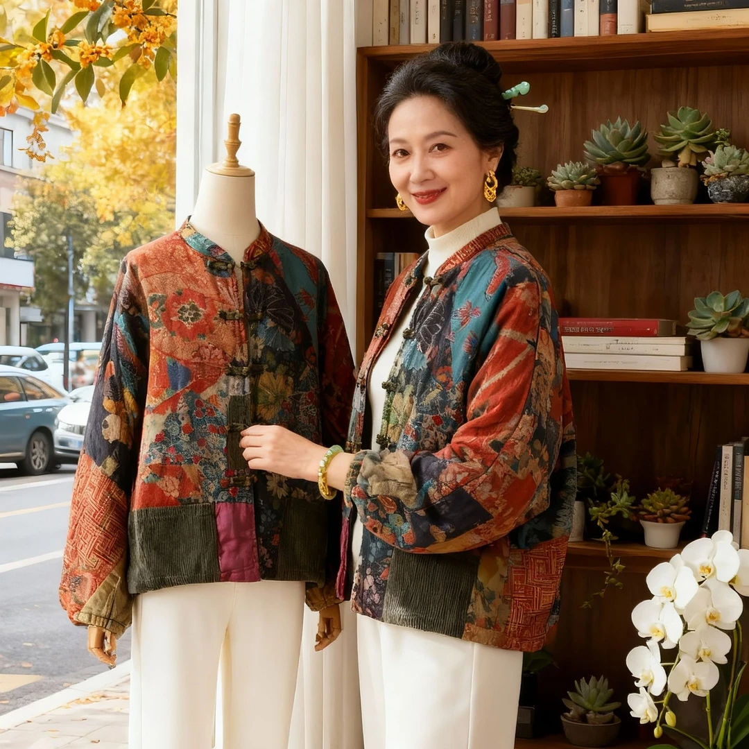 折扣新中式盘扣设计感复古印花长袖棉衣外套冬季宽松加厚夹棉棉服