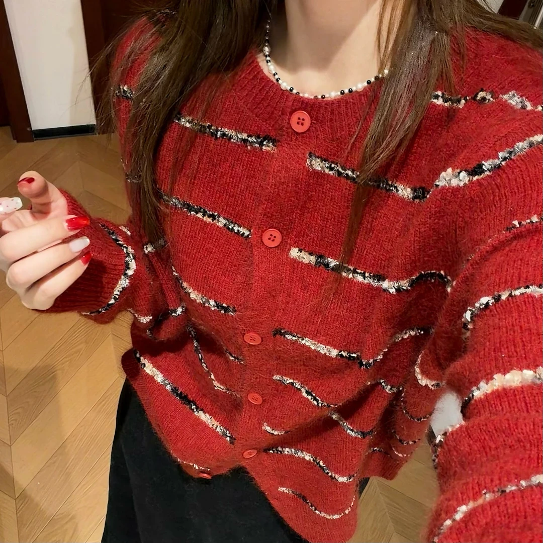 绵羊毛蝴蝶纱撞色条纹拼接针织开衫38248