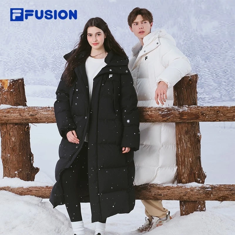 FILA FUSION斐乐潮牌情侣款鹅绒长款羽绒服2025冬季新款连帽外套