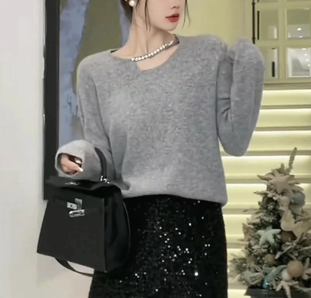 EVAN【链链不舍】秋冬新款洋气红色链条设计款套头毛衣长袖针织上衣