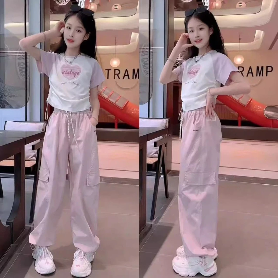 女童夏休闲甜酷风拼色爱心抽绳短袖束脚工装裤时尚韩版运动套装潮